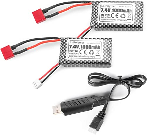 YUNIQUE Green-CLEAN-Power - 2er Pack 7.4V 1000mAh Lipo Akkus mit T-Stecker | Kompatibel mit RC Modellen 18859, 18858, Q902, 35-DJ03 | Inklusive USB RC-Ladegerät, Silber