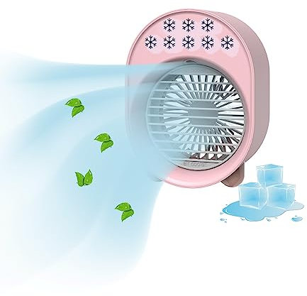 Mobile Air Conditioners, Portable Mini Fan 4-in-1 Fan Humidifier Fan Air Cooler for Office, Tent, Bedroom USB Rechargeable LED Light (Pink)