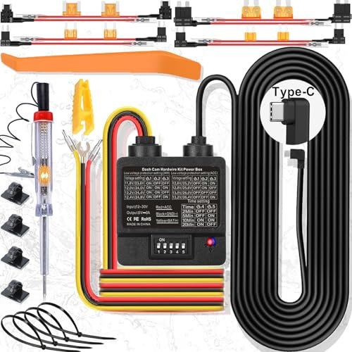 Dash Cam Hardwire Kit, USB C 3-Draht Dashcam Hardwire Kit 24h Parkmodus Dash Camera Charger Power Cord 3.5 m 12-24V to 5V/1-3A Low Voltage Protection with Fuse Tap for Dashcam, GPS, Radar (Type C)