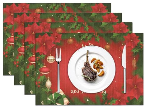 Christmas Placemats set of 4, Easy to Clean Non-slip Heat Resistant Dining Table Mats,Washable Crossweave Woven Vinyl PVC Place mats.(11.8 in x 16.5 in) (Red-2)