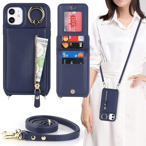 Zouzt for iPhone 11 Case with Cord and Card Holde, Zipper Wallet Case with Crossbody Lanyard Ring Adjustable Necklace Protective Cover Women for iPhone 11 6.1 Inch - Blue
