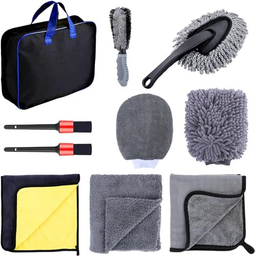Winshall 10 PCS Car Wash Tool Cleaning Kit with Bag - Microfibre Valet Washing Mitts, Exterior Drying Towel, Waffle Cloths, Alloy Wheel Brush, 2 Detail Brushes, Valeting Product, Gift Set