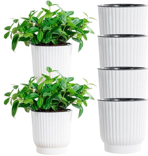 Obelunrp Plant Pot, Self Watering Plant Pot, 6Pcs Self Watering Planter 4'' Plastic Plant Pot with Drainage Holes and Wick Rope, African Violet Pots for Indoor Plants, Flowers, Self Watering Planter