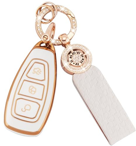 Koaudb Housse de clé de Voiture pour Ford Fiesta Focus C-Max Galaxy B-Max Grand C-Max Kuga Mondeo S-Max 3 Boutons Etui pour télécommande de Voiture Intelligente avec Porte-clés Bling Lanyard(C-Frd-3)