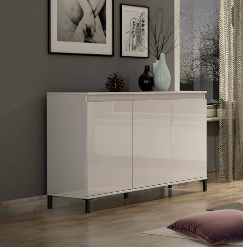 Dmora - Buffet Nyandeni, Buffet du Salon, Commode de Salon, Garde-Manger de Cuisine, Made in Italy, 138x40h90 cm, Blanc Brillant et Anthracite