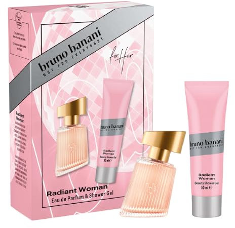 bruno banani Radiant Woman Geschenkset mit Eau de Parfum und Duschgel, strahlender, floraler Amber-Duft für Frauen, 30 ml und 50 ml