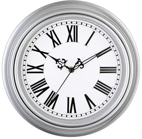 Plumeet Reloj de Pared Retro Extra Grande, Reloj con Números Romanos Silencioso Clásico sin Tic-TAC de 40.6cm, Adecuado para Decorar Sala, Dormitorio, Alimentado por Batería, Plata