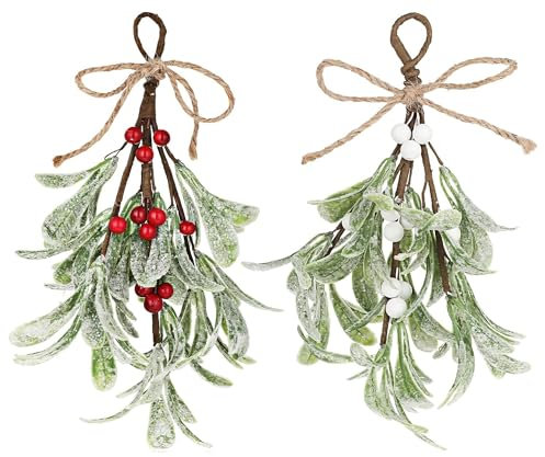 Pack de 2 Adornos Navideños con Muérdago Muérdago Artificial Pick Muérdago Decorativo vid de Muérdago Colgante Corona Falsa de Muérdago Blanco Para Colgar Adornos en la Puerta del árbol de Navidad.
