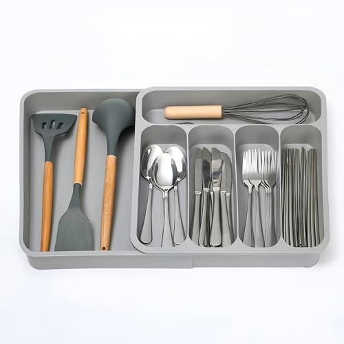 Eidoct Minimalista gris 6 compartimentos ajustable extensible organizador de cubiertos, bandeja de almacenamiento para cuchillos y tenedores