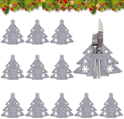 Portacubiertos Fieltro Navideño, 12 Piezas Bolsas Cubiertos Árbol de Navidad, Cuchillos Tenedores Cucharas Vajilla Grises Bolsas para Cubiertos, Decoración de Mesa para Mesa de Fiesta de Navidad