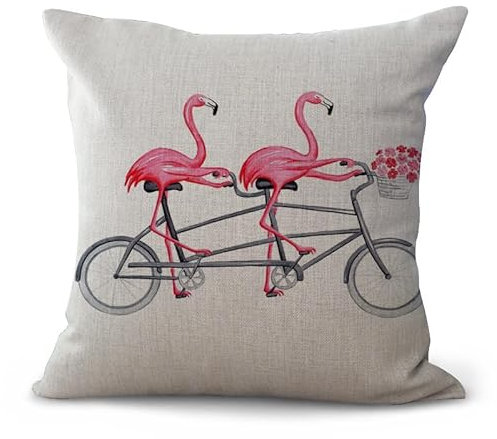 Kissenbezug 45x45 Rosa Fahrrad Flamingo Kissenbezüge Leinen Deko Kissen für Sofa Schlafzimmer Gartenbett Outdoor Kissen Waschbar Kissenhüllen Atmungsaktiv Kissenbezug