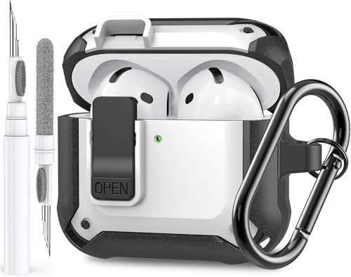 OTOPO for Airpods 4 Case with Secure Lock Clip, Rugged Airpods 4th Generation Cover 2024, Armor Shockproof iPod Case 4th Gen Protective Hard Shell with Carabiner & Cleaner Kit for Men Women White