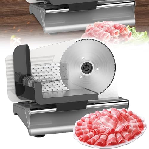 Trancheuse à viande électrique, trancheuse à pain 500 W avec épaisseur réglable de 1 à 15 mm et lame dentelée en acier inoxydable de 19 cm, trancheuse à viande pour la maison et le fromage/charcuterie