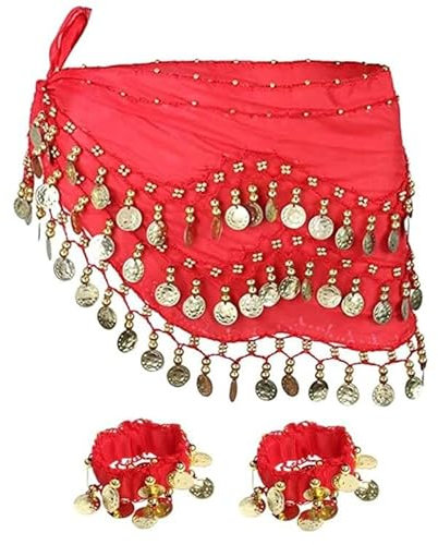 Damen Bauchtanz Gürtel Bauchtanz Hüfttuch Chiffon Hüfttuch Bauchtanz Hüfttuch Damen Bauchtanz Münztuch mit Armbändern Bauchtanz Münzgürtel Bauchtanz Kostüm Hüfttuch mit 72 Münzen Gürtel Röcke (Rot)