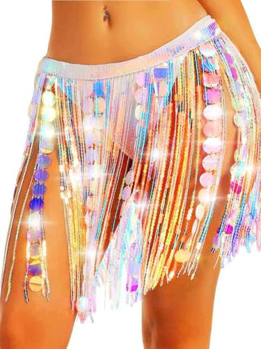Ushiny Glitzernde Punkte Pailletten Minirock Bunte Quaste Bauchtanz Hüftschal Rave Festival Röcke für Frauen