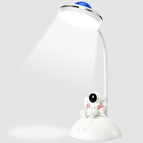 Ruioomeep Schreibtischlampe Kinder, LED Astronaut Nachttischlampe für Kinder mit Handyhalter und Projektion, Dimmbare Helligkeitsstufe Wiederaufladbare Tischlampe, Augenschutz Leselampe Studienlampe