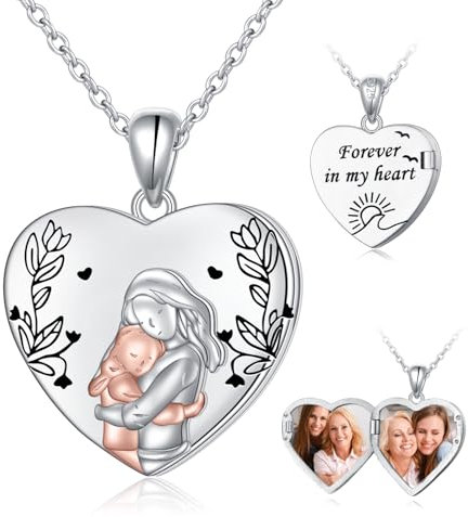 HOOHWE Mutter Tochter Medallion Zum öffnen mit Bild 925 Sterling Silber Mama Tochter Kette mit Foto Herz Anhänger Halskette Schmuck Geschenke für Mama Tochter