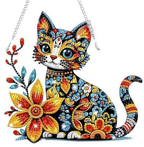 Lxmsja 5D Diamond Painting Anhänger Bunte Katze, Blumen Diamond Painting Fensterbilder Beidseitig für Erwachsene Kinder, Bastelset Kreativ Set, Hängend Ornament Kranz Tür Fenster Wand Eingang Decor