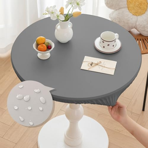 Morbuy Tischdecke Rund 100 cm, PU-Leder Outdoor Tischdecken Wetterfest, Abwaschbar Grau Klein Gartentischdecke Table Cloth für Küche, Garten, Draußen(für Tische von 80 bis 90 cm)