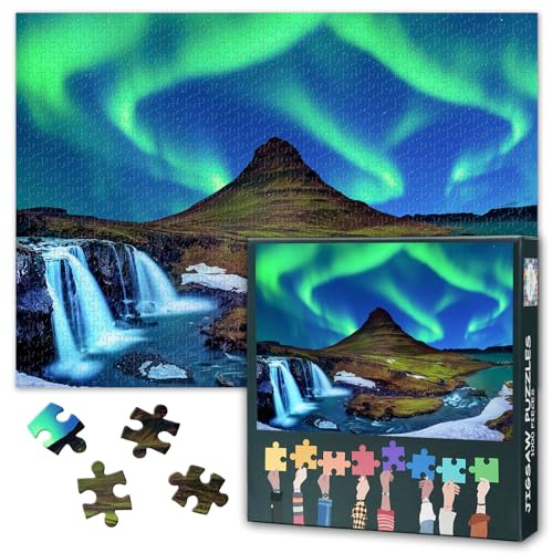 1000 Piece Puzzle for Adults - Iceland Landscape with Northern Lights Aurora Borealis over Snow-Capped Mountains - Premium Photography Art, 1000-Piece Jigsaw Puzzle - Finished Size 27.5x19.7 in