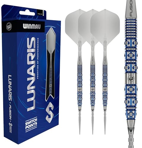 WINMAU Lunaris Darts – Profi-Darts 90 % Wolfram Dartpfeile | Blau & Silber Parallel-Barrels | Switch Point Technologie | 2 austauschbare Spitzen | Fusion Kurzschäfte & Flights | 22/23/24/25g Darts