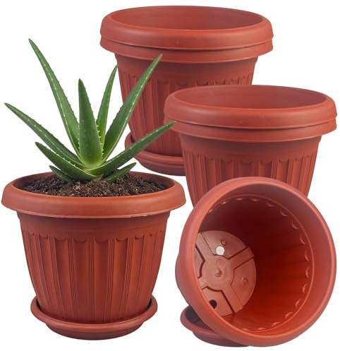 TEYIAN 6 Pack Plastic Plant Pots 16cm/6.3-in Flower Pots with Drainage Holes and Tray Modern Decorative Planter Pot Indoor Outdoor Planters for All House Plants