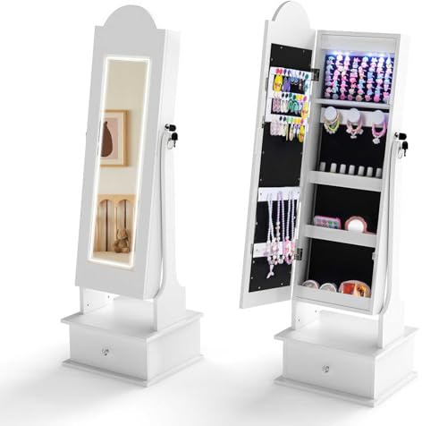 COSTWAY Kinder Schmuckschrank mit Beleuchtung, 2 in 1 Spiegelschrank abschließbar mit 3 farbigem Ganzkörperspiegel, 4 LED-Leuchten & Schublade, Schmuck-Organizer neigbar für Kinderzimmer (Weiß)