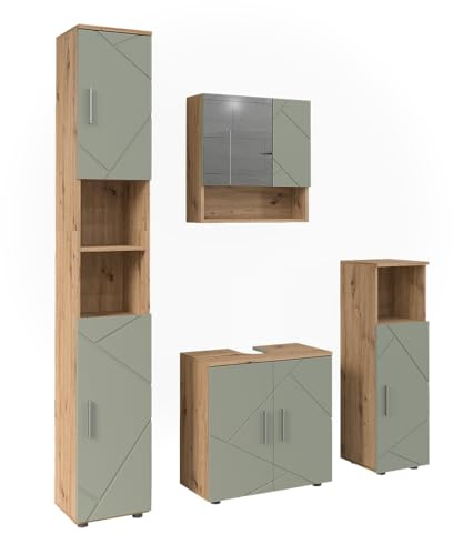 Vicco Badmöbel-Set Irma, Salbeigrün 60 cm | besteht aus Waschbeckenunterschrank, Spiegelschrank, Hochschrank und Midischrank