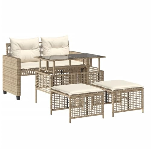 XHNIFBN Garten Lounge Gartengarnitur 4 teilig Beige Poly Rattan Sofa Bank Hocker Tisch 122x57x79 cm mit Verstellbarer Glasplatte und Kissen klein für Balkon Terrasse Wohnzimmer