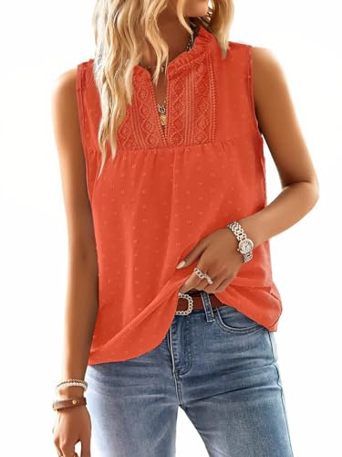 TUUHAW Tanktopp damer sommar boho blus ärmlösa toppar flödande elegant v-ringad T-shirt ledig basic kläder spets, Lysande orange, M