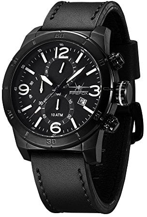 FIREFOX Herren- Armbanduhr Soldier analog Quarz Chronograph Edelstahl schwarz weiß Lederarmband Datumsanzeige 10 ATM wasserdicht FFS255-102