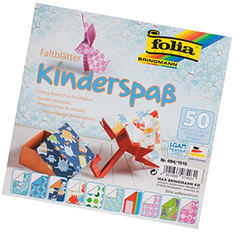 folia 494/1515 - Faltblätter Kinderspaß, 15 x 15 cm, 80 g/qm, 50 Blatt sortiert in 10 Motiven - ideal für wunderschöne Faltfiguren und -formen