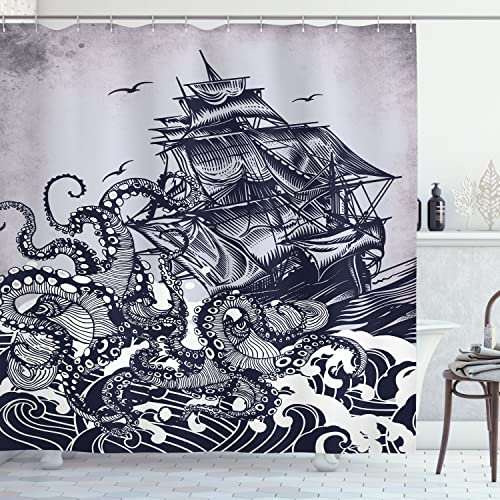 Better Curtains Sail Boat Waves and Octopus Old Look Textile European Style Bathroom Decoration Luxurious Cozy Lovely Pleasing Peculiar Design Hand Drawing Effect Fabric Shower Curtain (Blue)