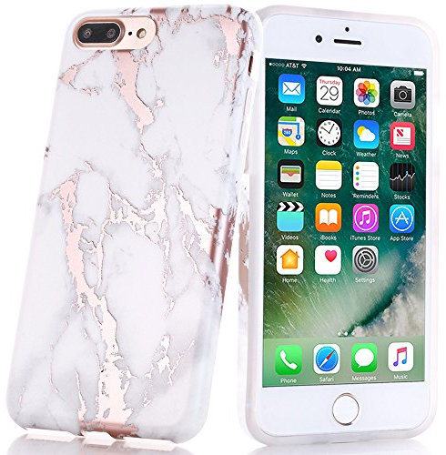 BAISRKE Shiny Rose Gold White Marble Design Clear Bumper Matte TPU Soft Rubber Silicone Cover Phone Case Compatible with iPhone 7 Plus iPhone 8 Plus [5.5 inch]