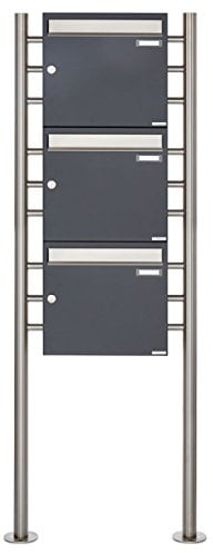Standbriefkasten - Briefkastenanlage Design Basic 381 - Briefkasten Manufaktur Lippe (Edelstahl/RAL 7016 anthrazitgrau feinstruktur matt, 3 Briefkästen, senkrecht)
