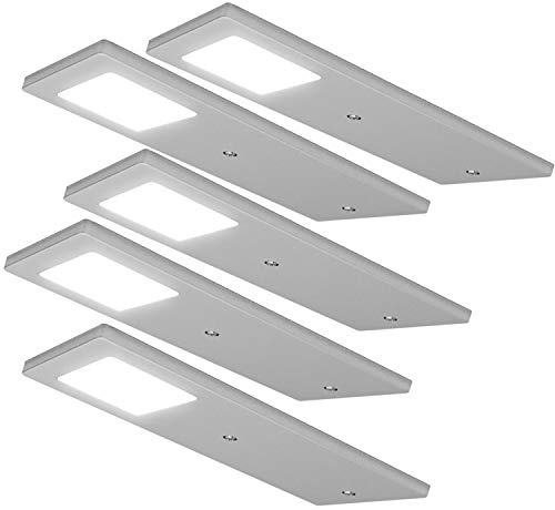 5 Pack | Bright 5W LED Low Profile Under Cabinet Panel Spot Lights & Driver Kit | Aluminium & Natural White | Kitchen Worktop Countertop Cupboard Unit Down Light | Modern Slim Lighting Fitting