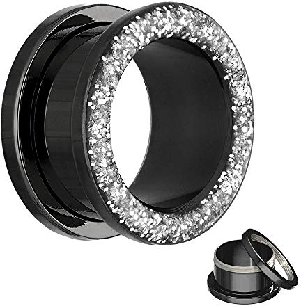 Treuheld® | 6mm Ohr Flesh Tunnel | Glitzer | Chirurgenstahl 316L | Schwarz mit Silbernem Glitter | mit Gewinde - Schraubverschluss (zum Schrauben)