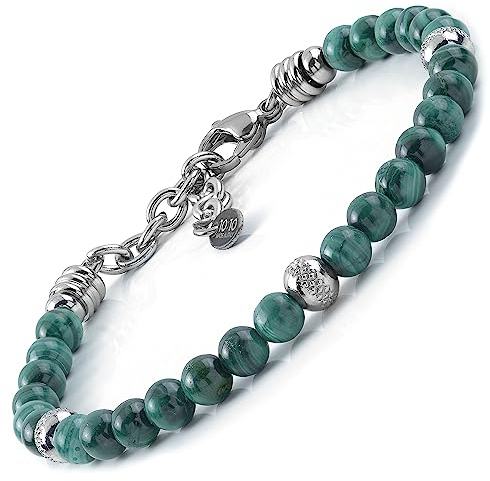 10:10 Bracelet avec pierres de malachite naturelle de 6 mm, perles en acier inoxydable, bracelet très résistant fabriqué en Italie...