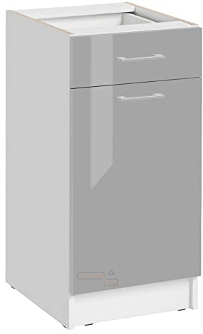Cuisineandcie - MEUBLE CUISINE BAS ECO Gris Brillant 1 Porte, 1 tiroir L 40cm - Meuble Bas Cuisine Rangement, Meuble Cuisine, Placard Cuisine Bas