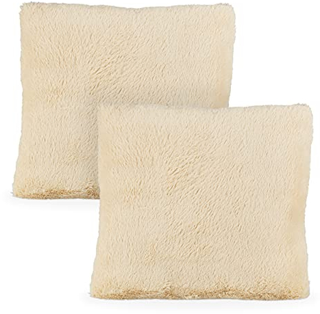 Relaxdays 2 x Flauschige Kissen, Kuschelkissen mit Füllung, kuschelweich, Plüschbezug abnehmbar, Deko Zierkissen 35x40cm, Creme