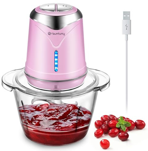 Food Processor 6000mAh Cordless Vegetable Chopper with 5 Cup Glass Bowl, Electric Garlic Meat Choppers BPA-free Baby Food Processors Blender Small Kitchen Mixer Mincer with 4 Blades, 2 Speeds (Pink)