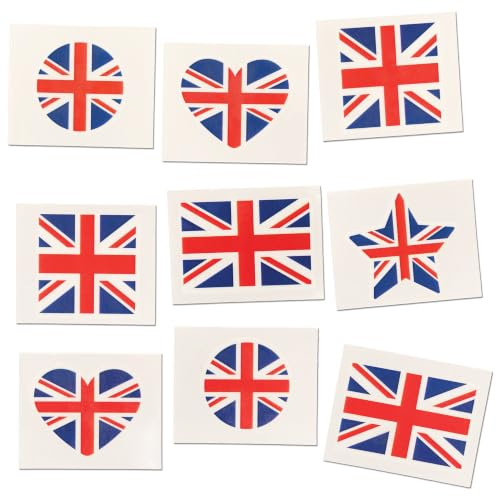 Baker Ross PJ153 Temporary Kids Union Jack Tattoos - Pack of 60, Union Jack Party Favours for Kids, 2 x 1.6 inches