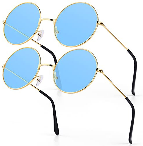 PROUSKY 2 Pieces Round Sunglasses Blue Women Hippie Glasses Lovely Street Shoot Party Sunglasses Girls Rose Gold Frame Sunglasses for Teen Girls Women (Blue)