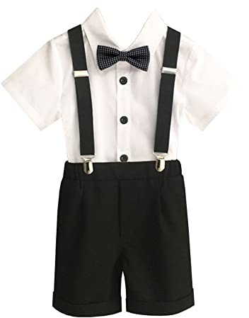 Boy's Kids Suits Summer Performance Costumes Wedding Party Dinner Suit Formal Christening Outfit Set Short Sleeve Dress Shirt Shorts Suspenders with Bow tie