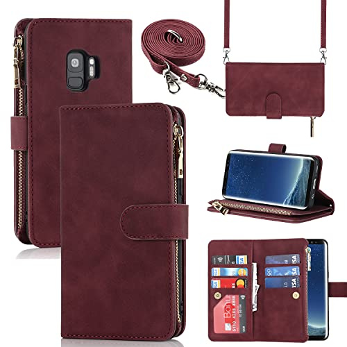 CAVOR Handykette Handyhülle Kompatibel mit Samsung S9 Hülle Mit Band,Flip Leder Geldbörse Handyhülle,[9 Kartenfach],Klapphülle Handyhülle Kompatibel mit Samsung Galaxy S9 - Rot