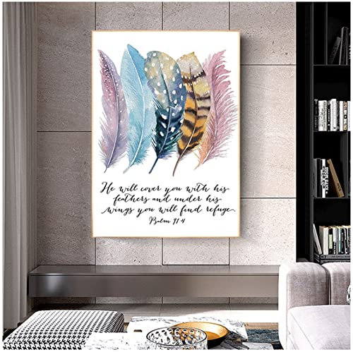 Bibelvers Psalm 91:4 Poster Leinwanddruck Gemälde Vogel Feder Schrift Christian Abstrakte Zitate Kunst Wandbild Wohnkultur 50X70Cm Kein Rahmen