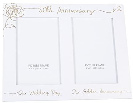 Happy Homewares Beautiful Matt White Double Picture Frame for 50th Wedding Anniversary with Gold Foil Text | Wedding Day Space and Golden Anniversary