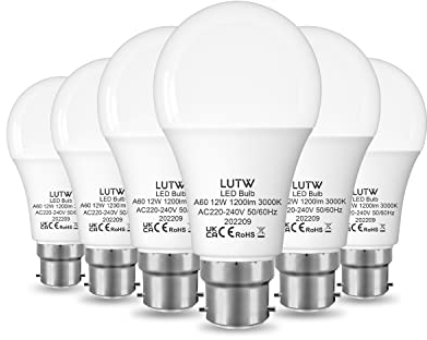 LUTW Ampoule LED A60 12W Équivalent Ampoule Incandescente de 100W, Ampoule B22 LED Blanc Chaud 3000K, Ampoule a Baïonnette 1200lm Non-dimmable pour l’Éclairage domestique, 6 Pièces