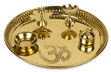Zap Impex Om Pooja Juego de platos de latón (diámetro – 20 cm) – Artículos Puja/Aarti Thali para Home Mandir | Templo | Decoración Diwali | Boda | Decoración para el hogar