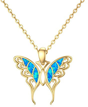 Rikelus 9K Echtgold Schmetterlings-Halskette mit Opal für Frauen, 375/9 ct Gold Schmetterlings-Anhänger-Halskette Schmetterling Geschenke für Geburtstag Weihnachten 40+5 cm